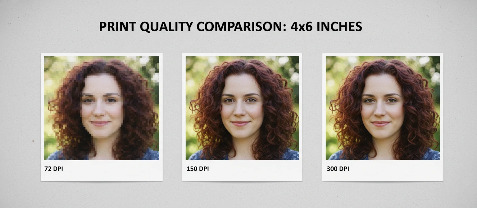 Split comparison showing the same 4x6 print at 72 DPI vs 150 DPI vs 300 DPI to demonstrate quality differences