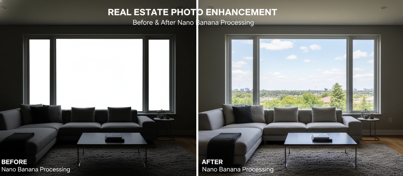 Split image showing real estate photo before and after Nano Banana processing