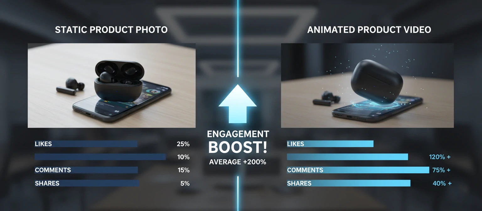 Split-screen comparison showing engagement metrics for static product photos vs. animated product videos