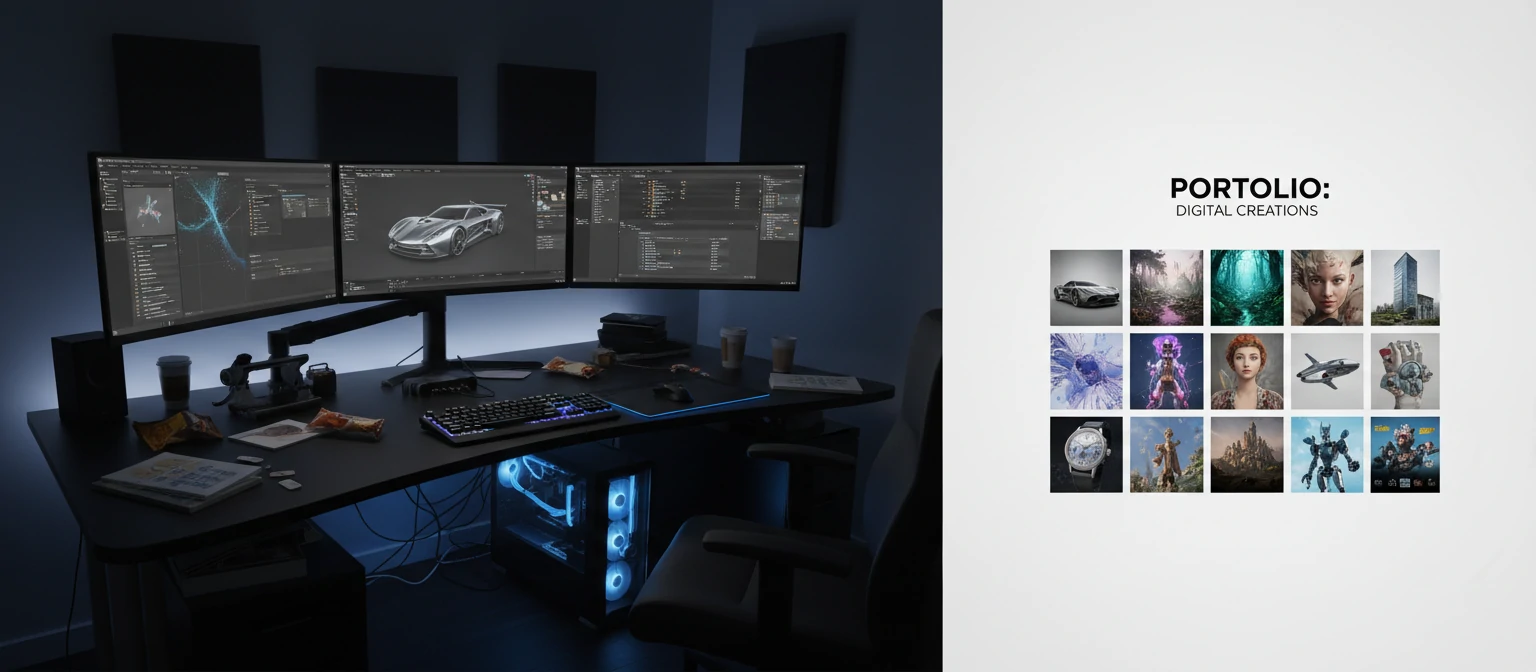 Split screen showing a rendering studio workspace with multiple monitors on one side, and a portfolio presentation showing various completed renders on the other