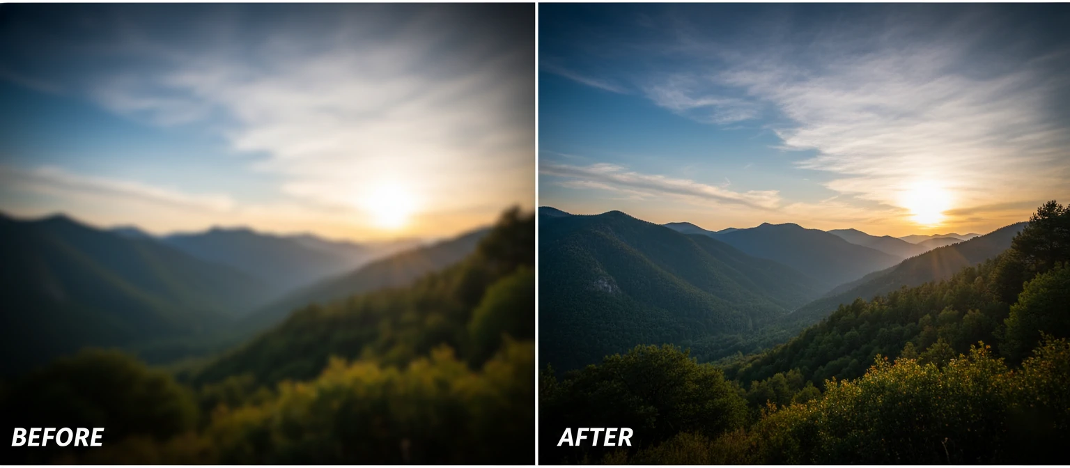 Split-screen showing distortion, blown highlights, soft corners vs. corrected results