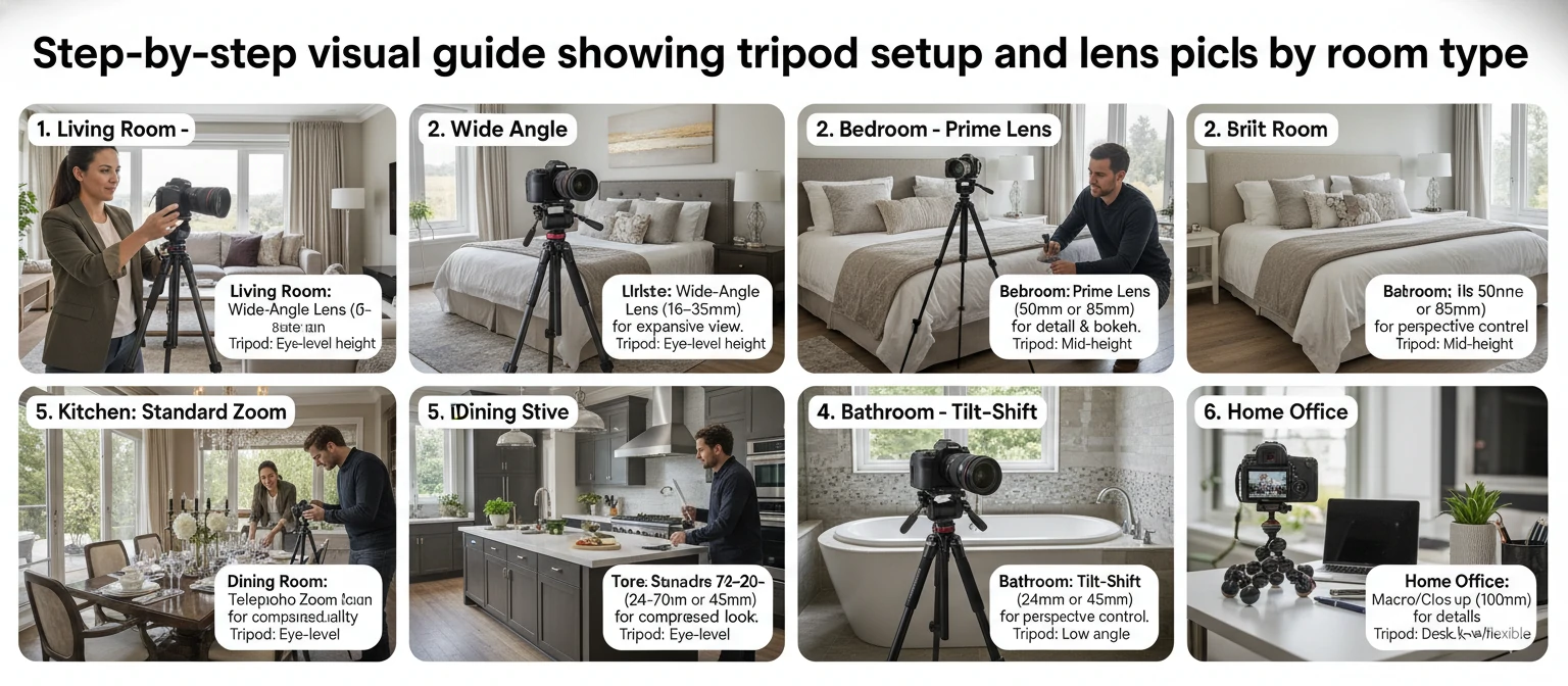 Step-by-step visual guide showing tripod setup and lens picks by room type
