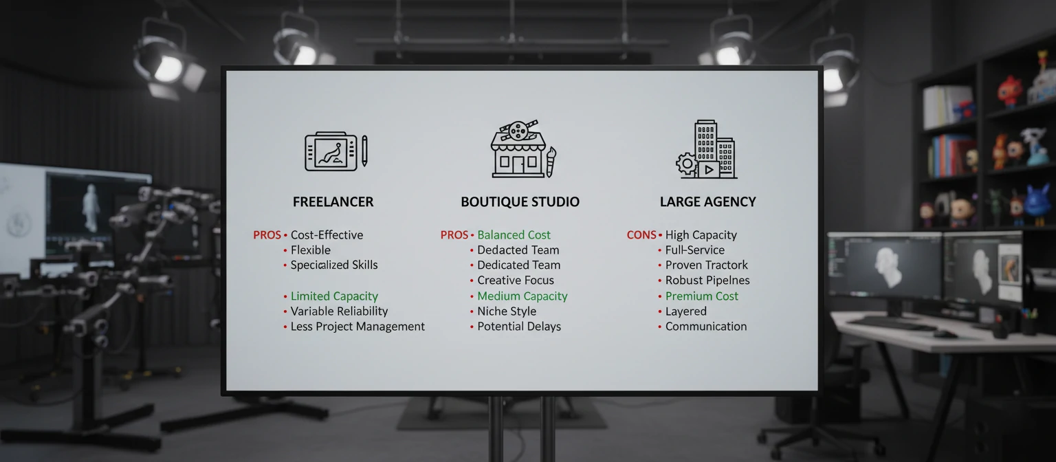 Studio comparison chart showing different types of animation providers (freelancer, boutique studio, large agency) with their pros and cons