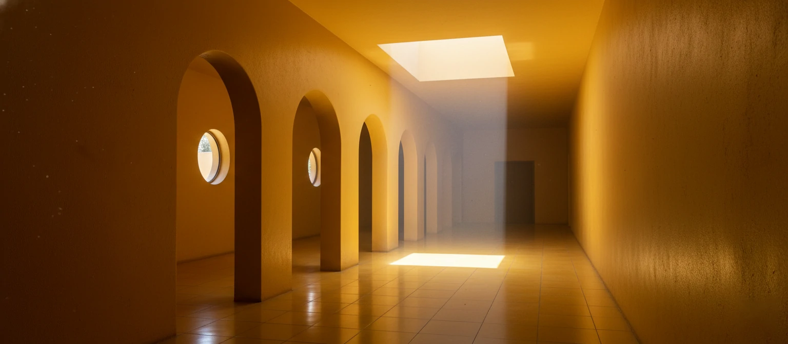 Sunlit yellow corridor in Casa Gilardi with natural light from above