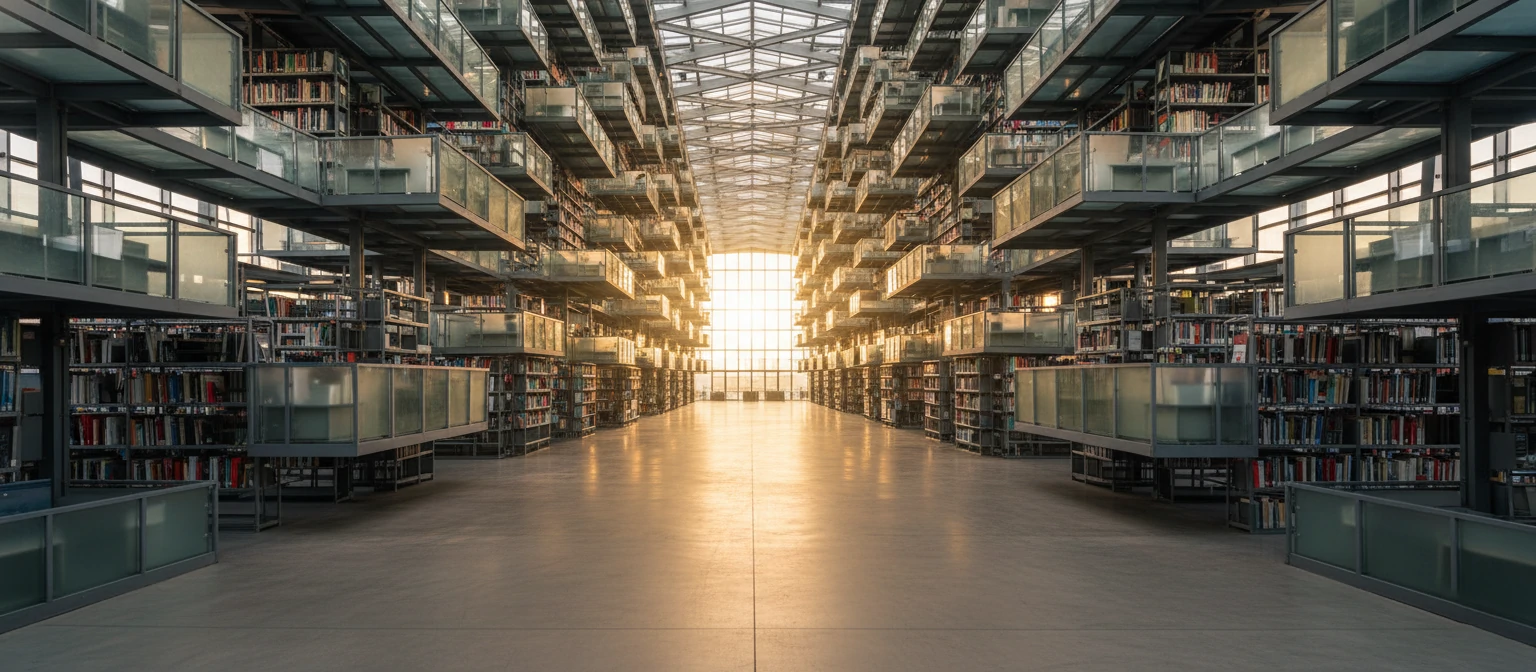 Symmetrical view of Biblioteca Vasconcelos main corridor with floating bookshelves
