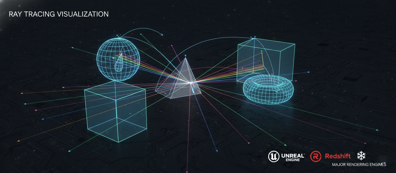 Technical diagram showing ray tracing visualization with light paths bouncing between surfaces