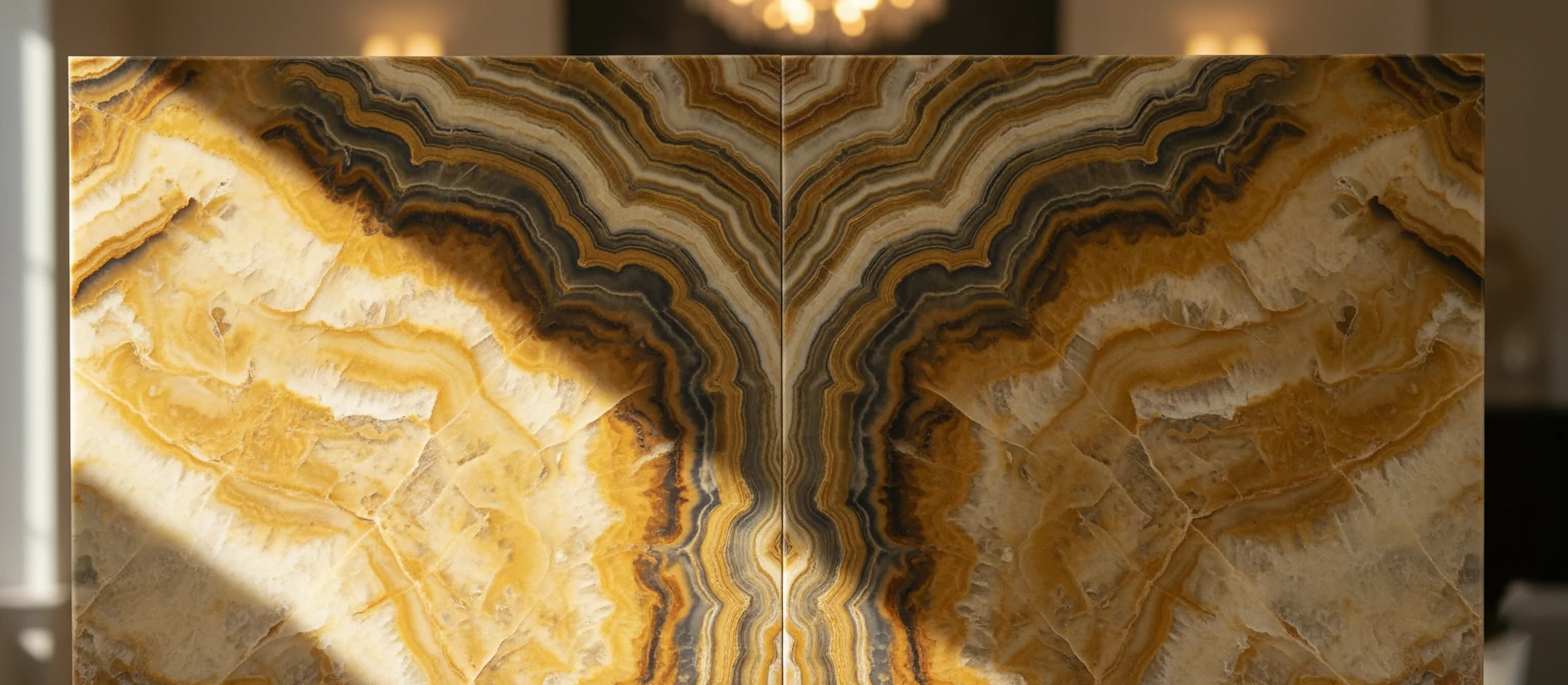 The Golden Onyx Wall. A close-up showing the book-matching technique