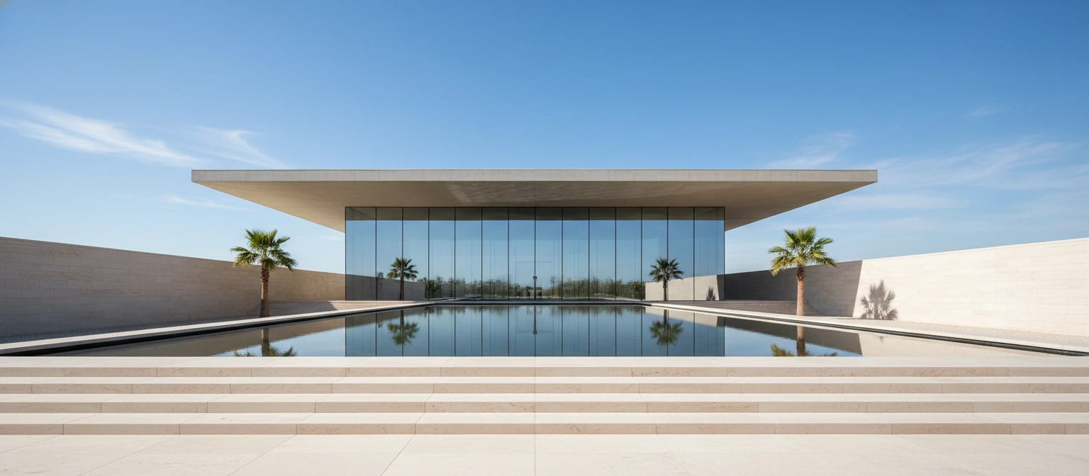 The classic frontal view. The wide travertine steps leading up to the plinth