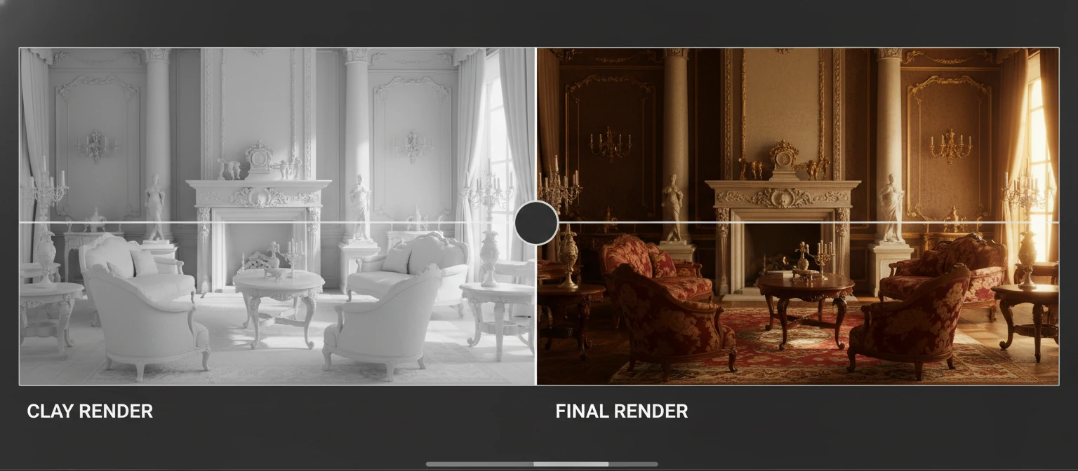 The clay render is pure white geometry, showing shadows clearly