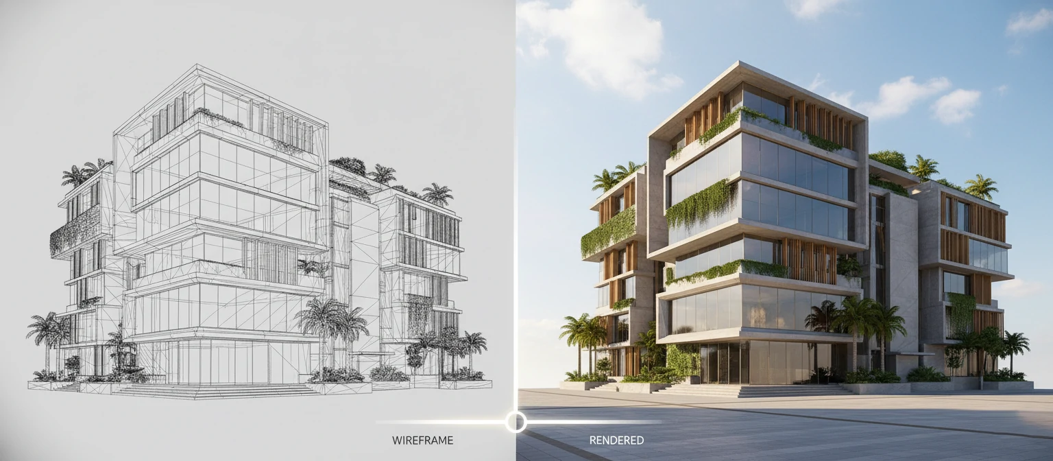 The left side shows the grey, polygonal wireframe mesh of a building, and the right side reveals the final