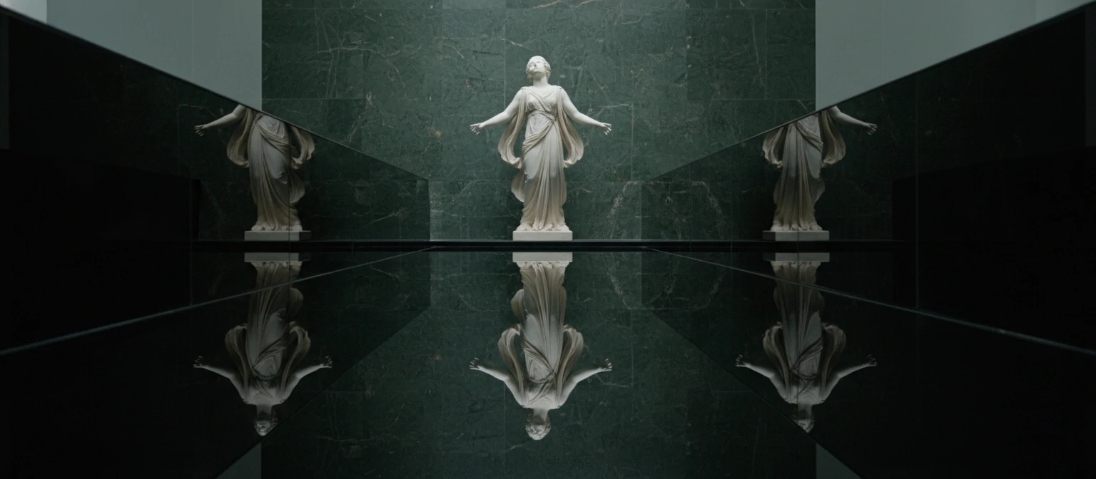 The sculpture 'Alba' reflected in the dark water