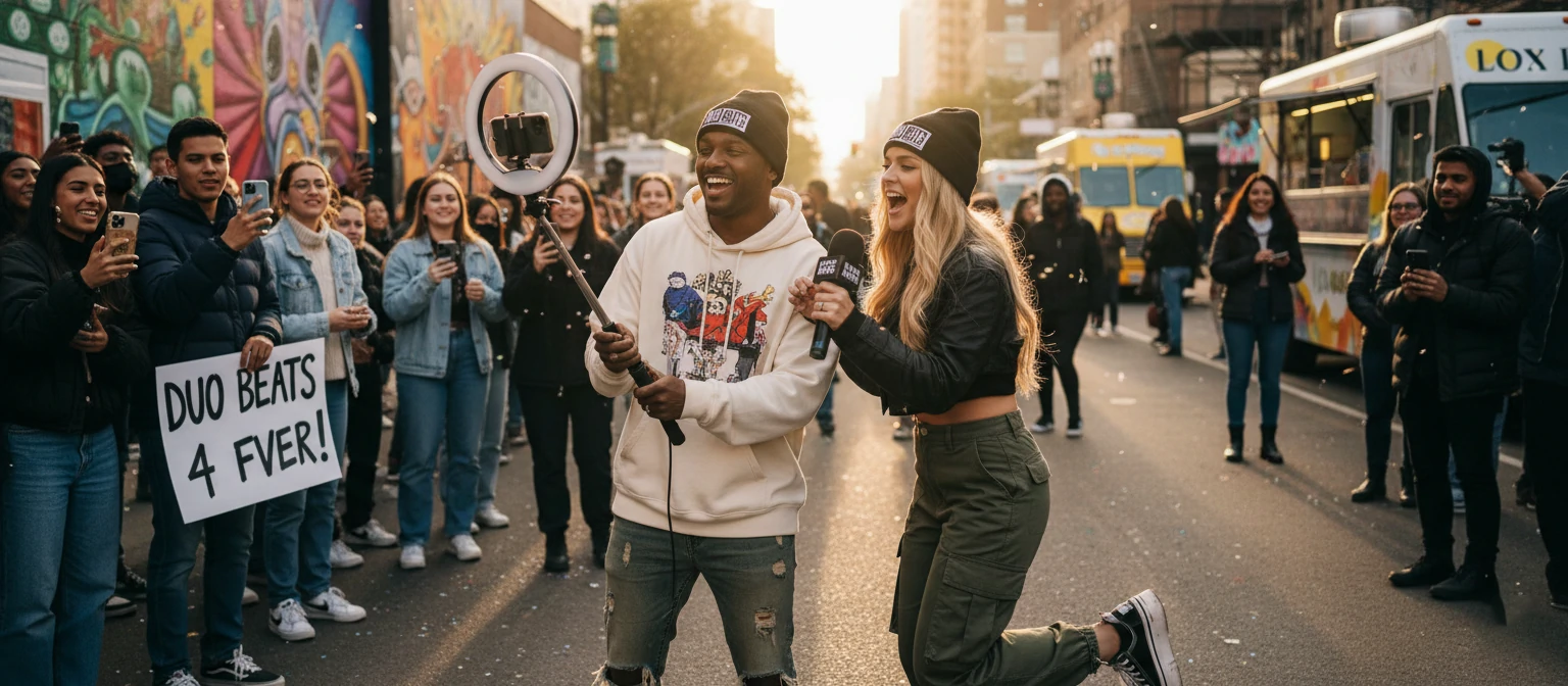 The twins interacting with fans or creating content together