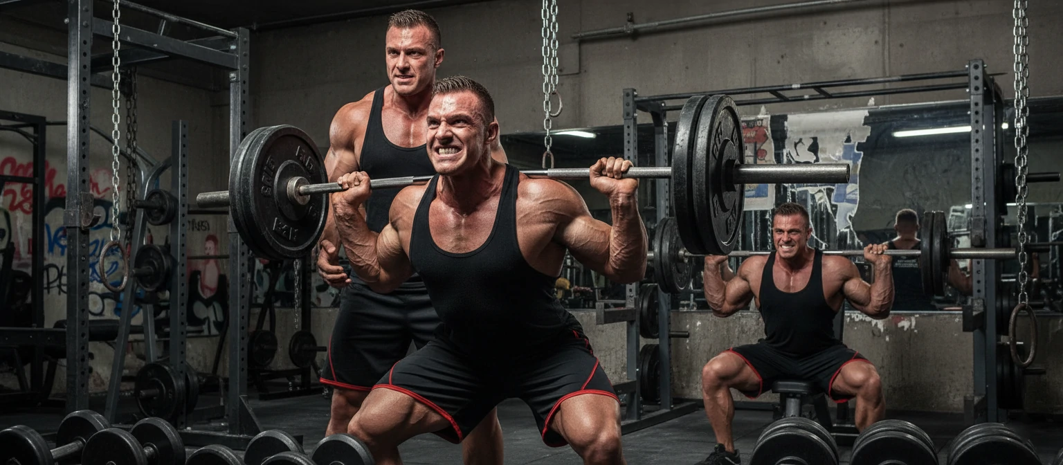 The twins performing heavy compound lifts like squats or bench press in their signature intense style