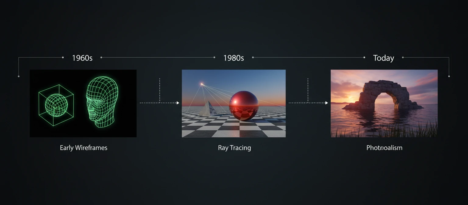 Timeline visualization showing the evolution from early wireframe graphics