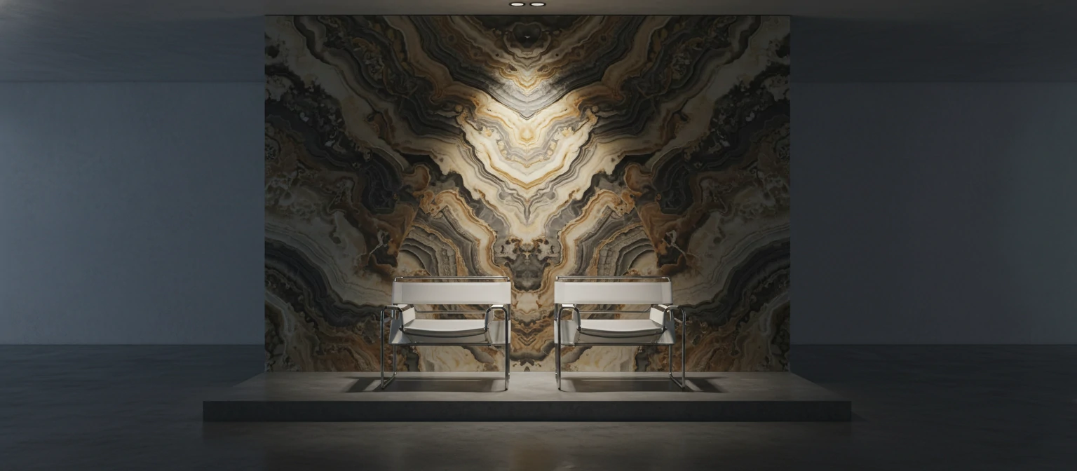 Two Barcelona Chairs (in white leather) sitting in front of the Onyx wall