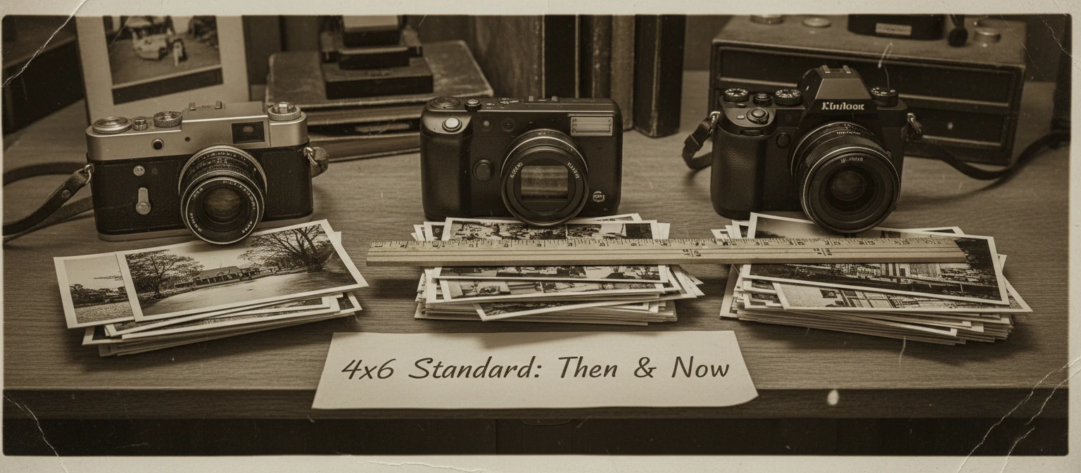 Vintage photo showing the evolution of cameras from 35mm film camera to modern digital