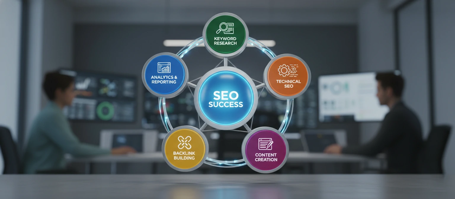 Visual Circular diagram showing six essential SEO package