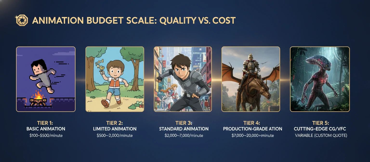 Visual budget scale showing different animation quality levels with corresponding price ranges and example frames from each tier