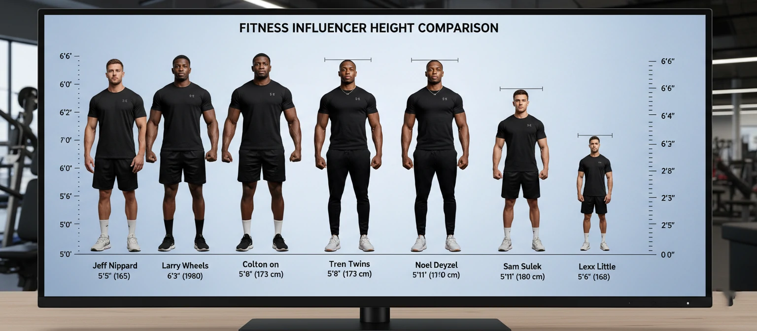Visual height comparison chart showing the Tren Twins alongside other fitness influencers of varying heights