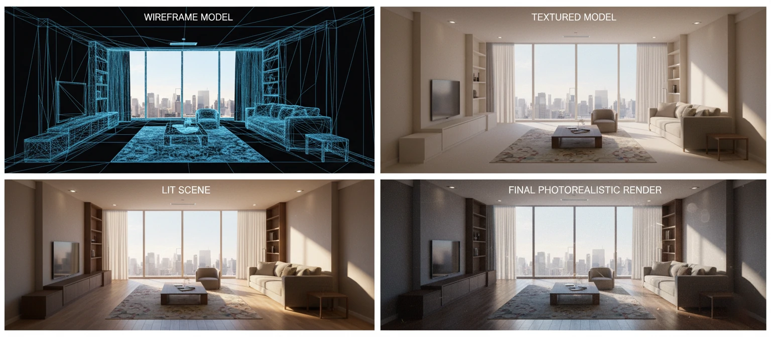 Visual progression showing wireframe model