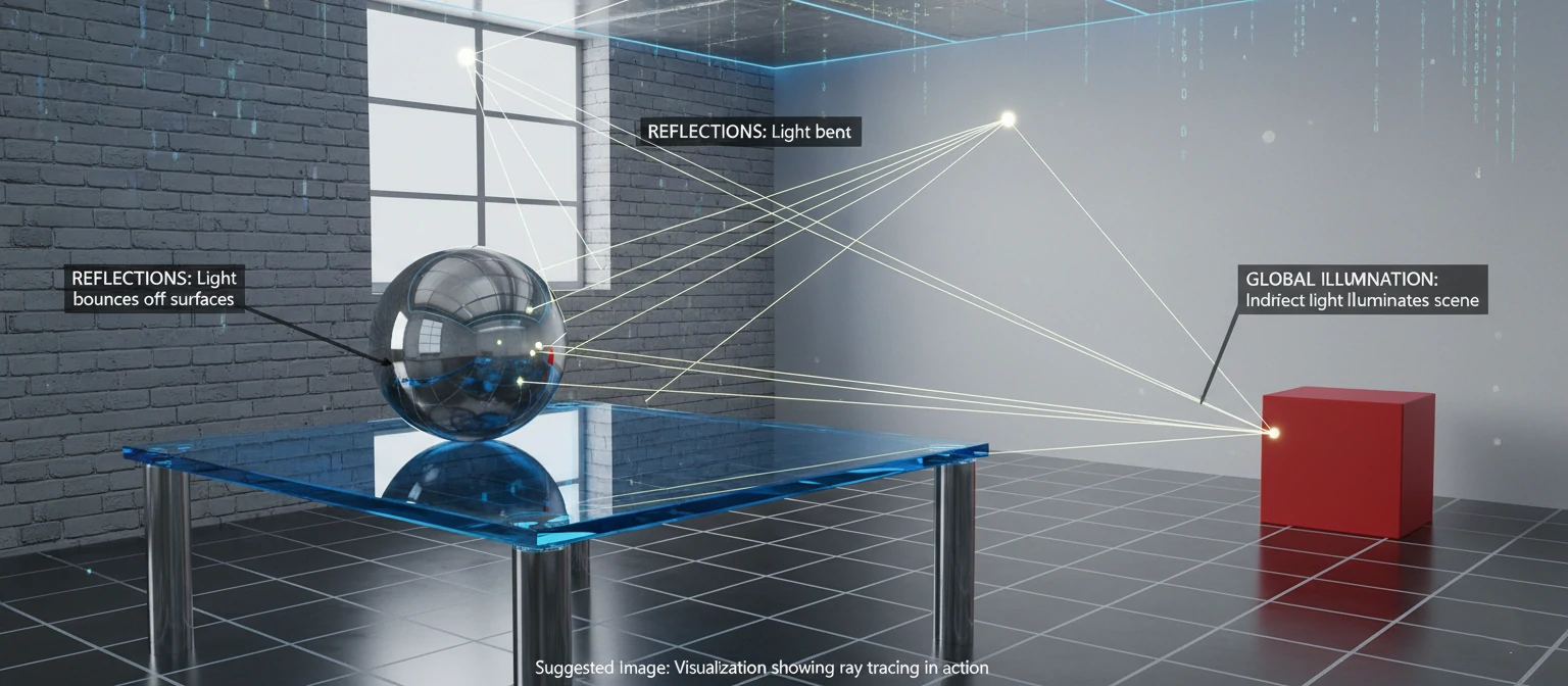 Visualization showing ray tracing in action - light rays bouncing between surfaces
