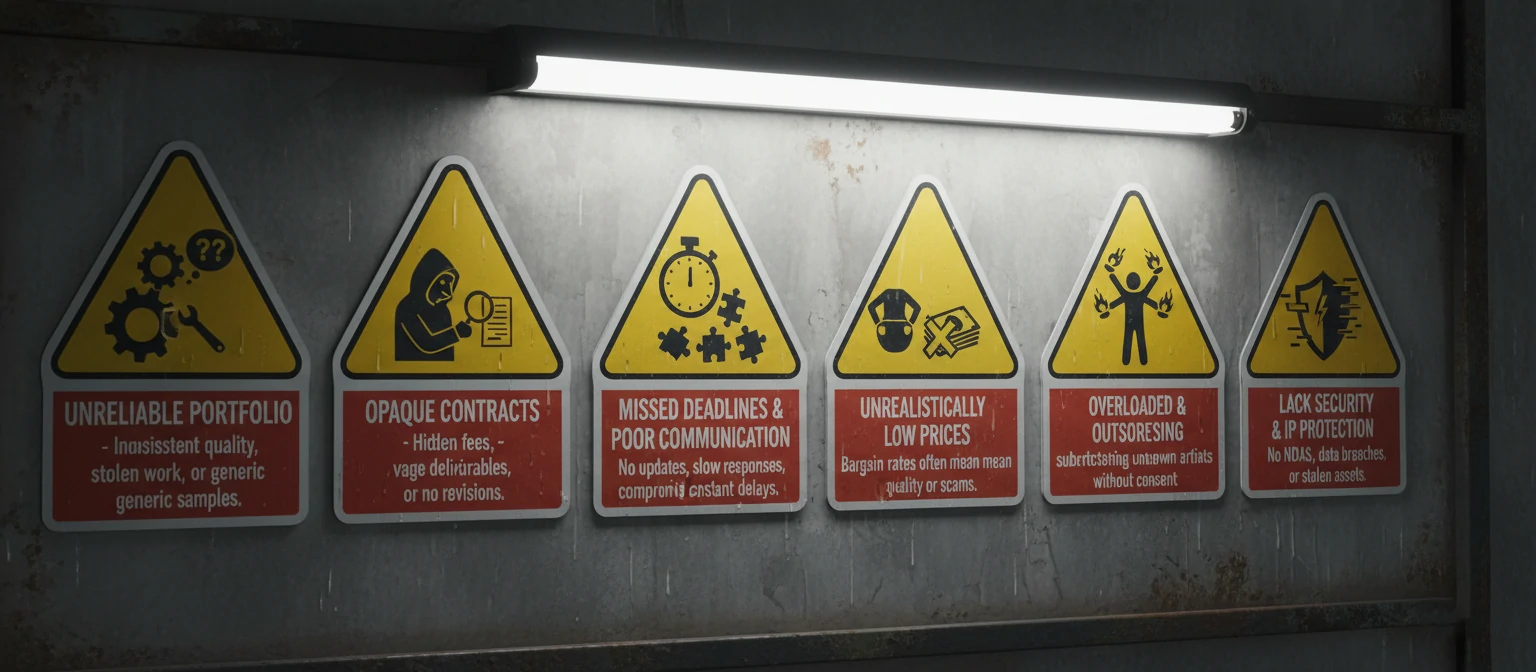 Warning sign icons with descriptions of common red flags to watch for when selecting rendering partners