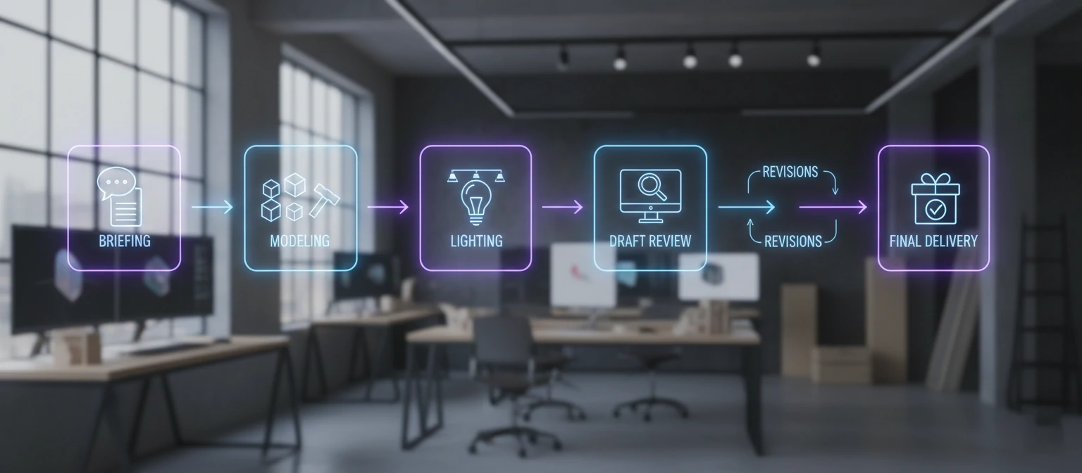 Workflow diagram showing stages from briefing through modeling, lighting, draft review, revisions, and final delivery