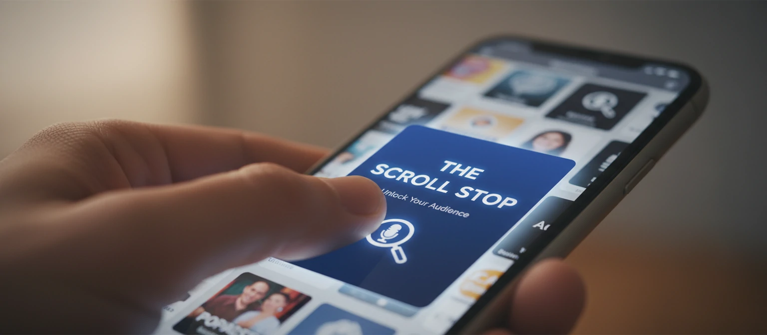 A POV shot of a thumb scrolling on a smartphone screen through a podcast app