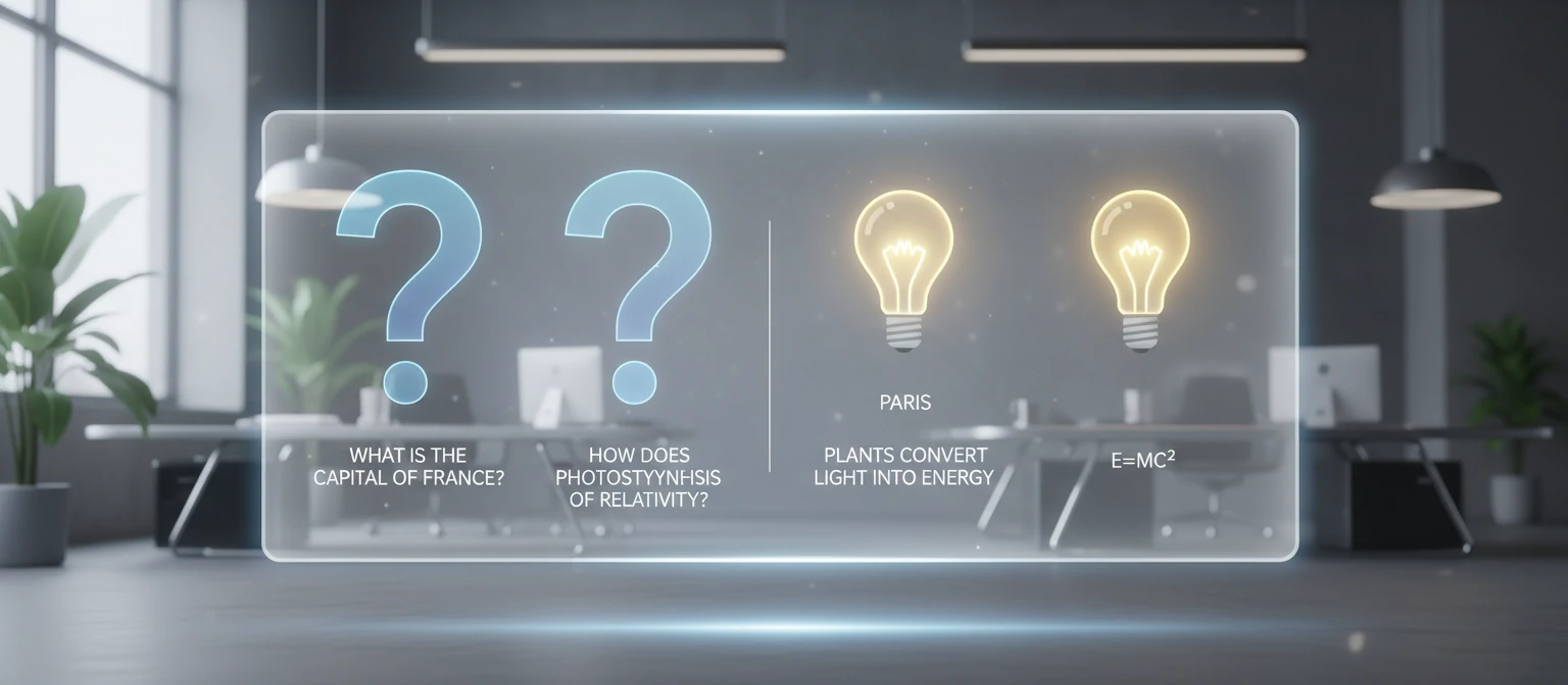 A Q&A style layout with question marks and lightbulb icons for answers