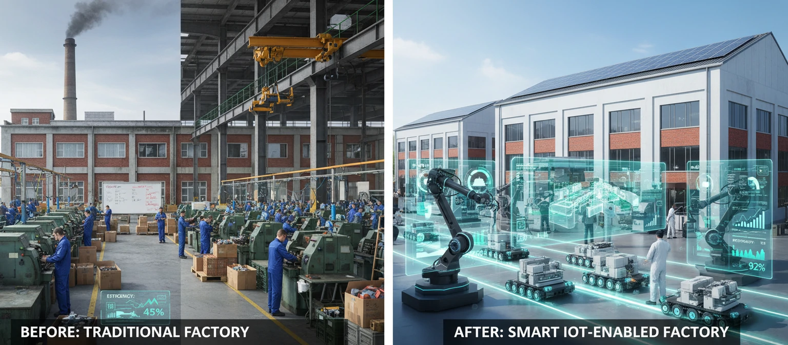 A before-and-after comparison showing a traditional factory