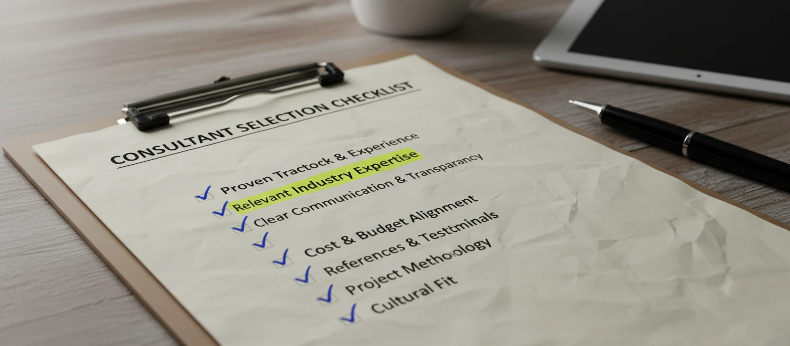 A checklist for selecting a consultant, with key criteria highlighted