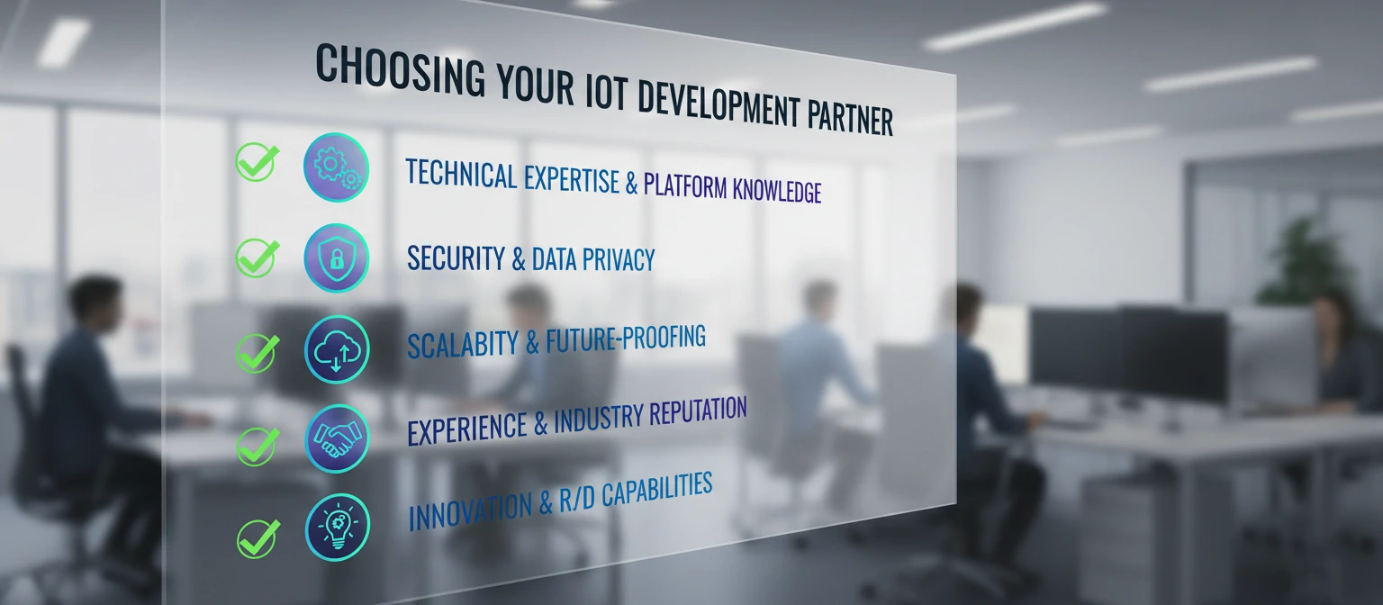 A checklist infographic with the key factors for choosing an IoT development company