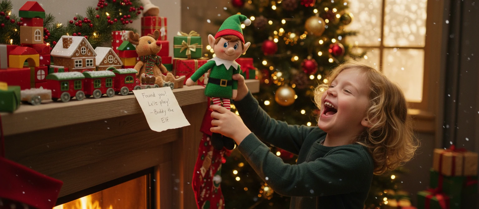A child laughing with an elf doll perched on a shelf