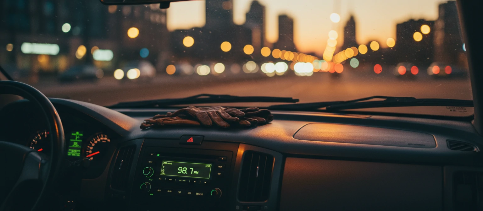 A cinematic, warm-toned photo of a car dashboard at twilight