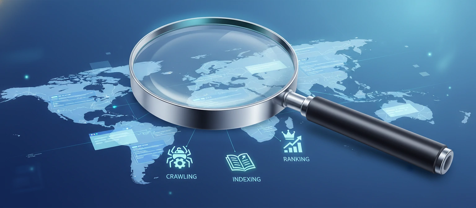 A clean illustration of a magnifying glass scanning a map made of web pages