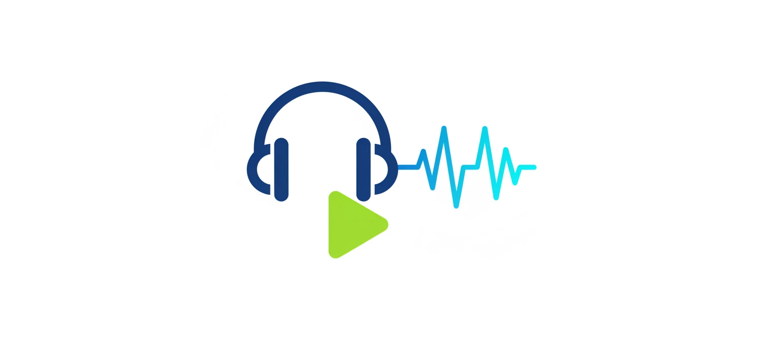 A clean, minimalist vector icon set of headphones, a waveform, and a play button, arranged in a pleasing geometric pattern