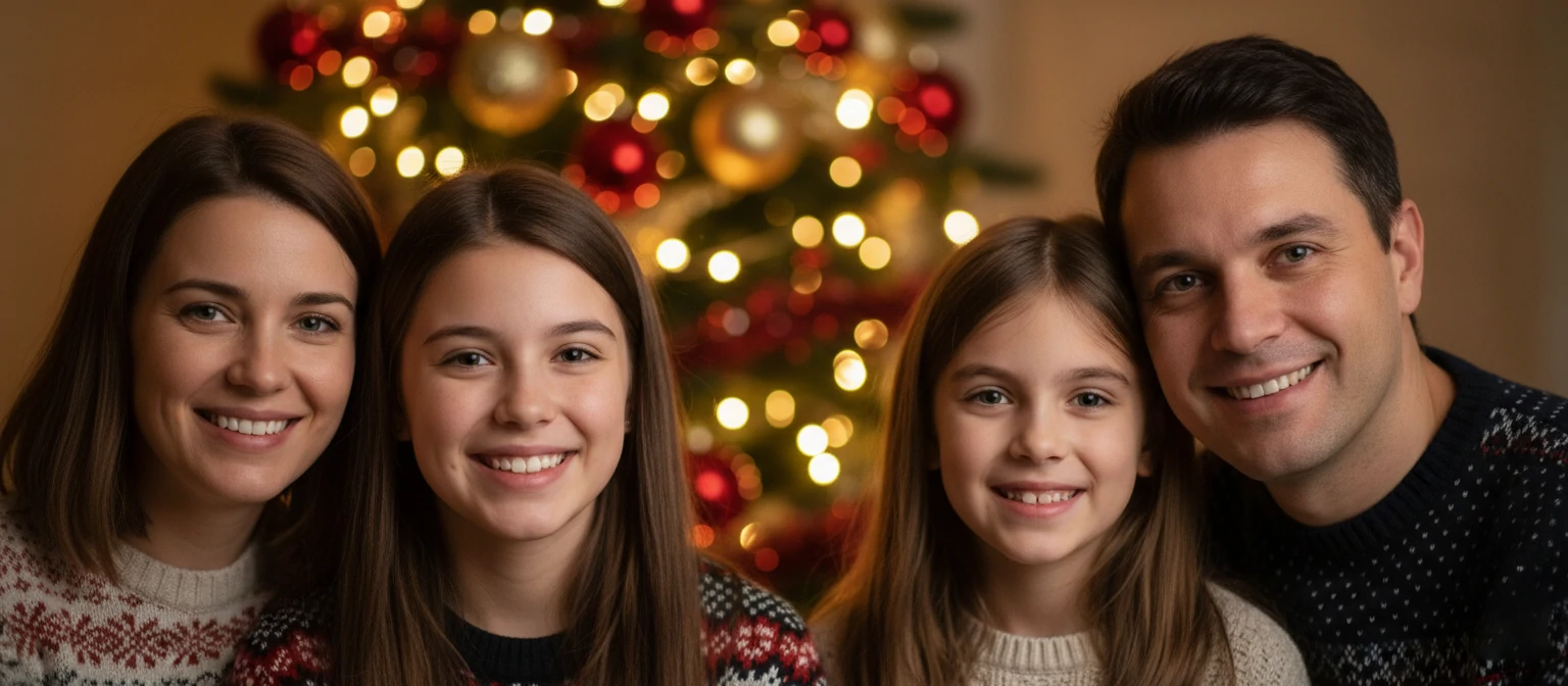 A close-up of a family of four smiling warmly