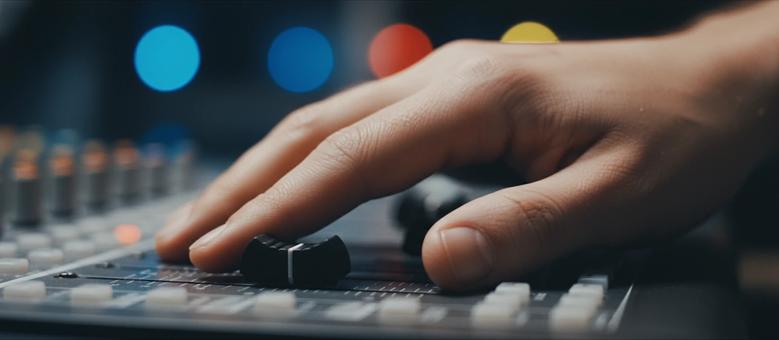 A close-up of a producer's hand on a mixing console fader