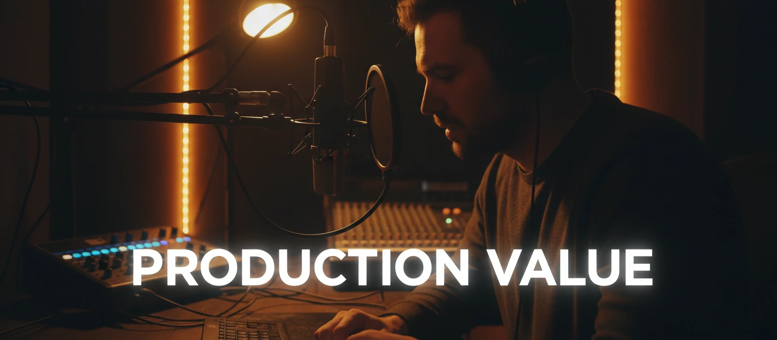 A close-up of a professional voice actor behind a pop-filter and condenser microphone