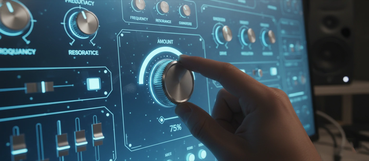A close up of an audio plugin interface (knobs and dials)