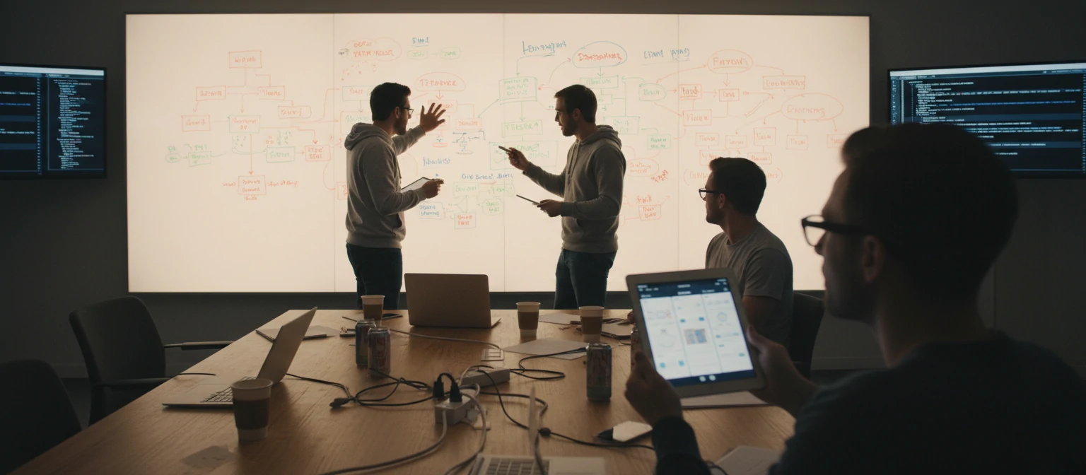 A collaborative office shot showing a modern War Room