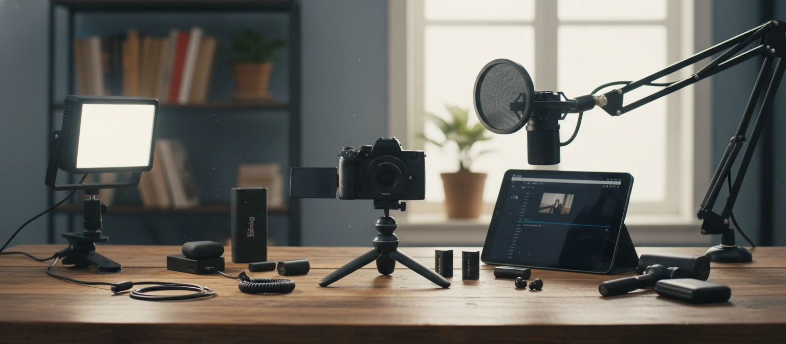 A collection of vlogging equipment neatly arranged, including camera