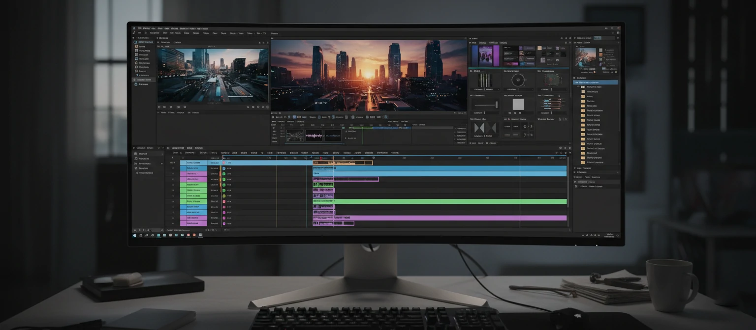 A computer screen showing video editing software with timeline and effects