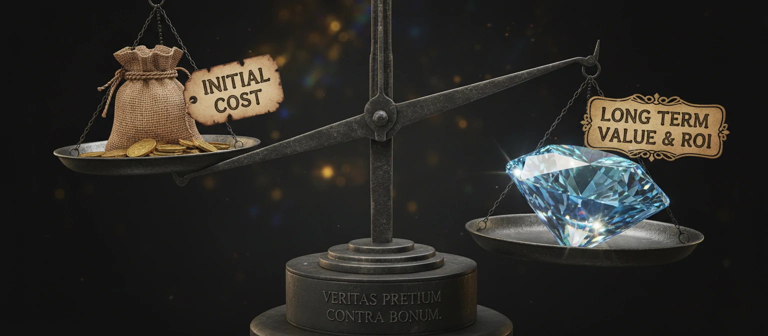 A conceptual illustration of Value vs. Cost. A scale weighing two sides