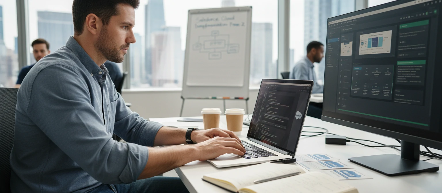 A consultant coding on a computer