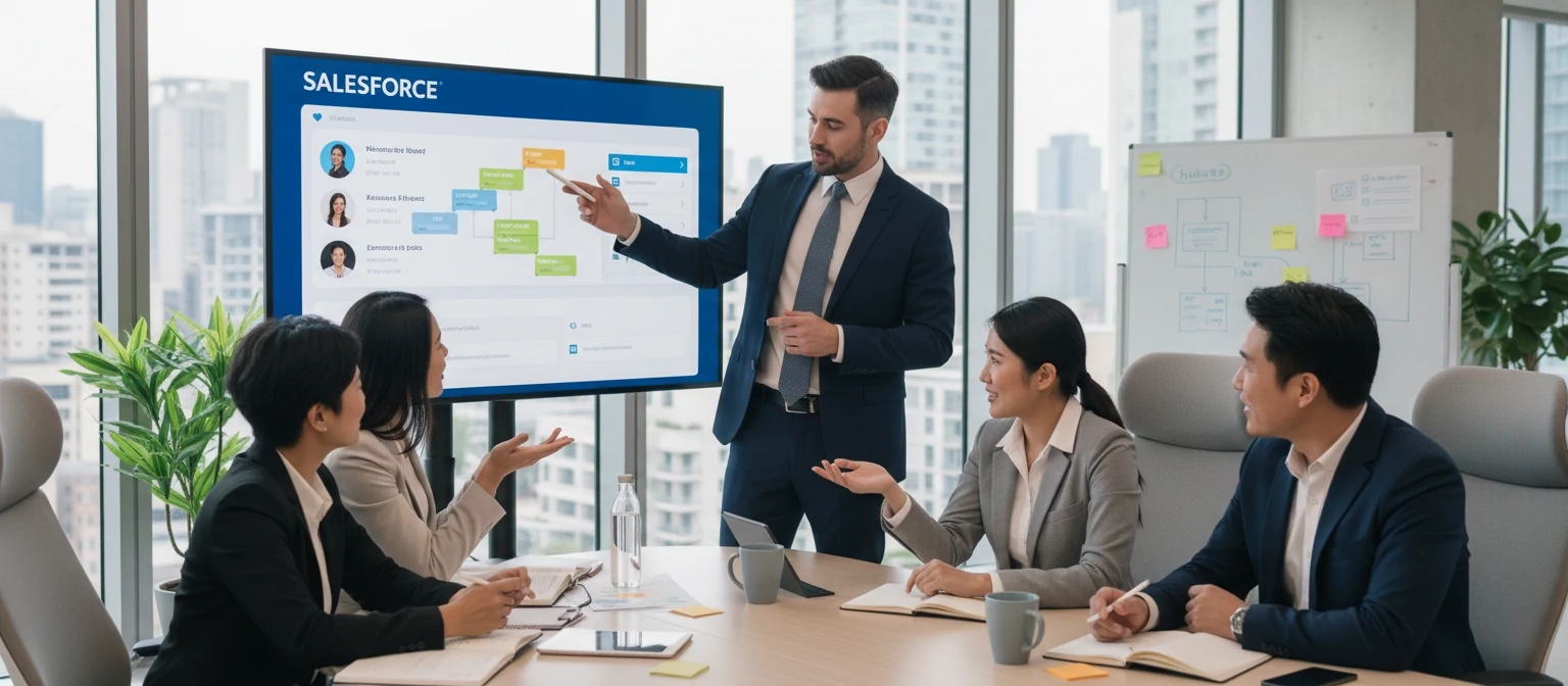 A consultant explaining Salesforce features to a team