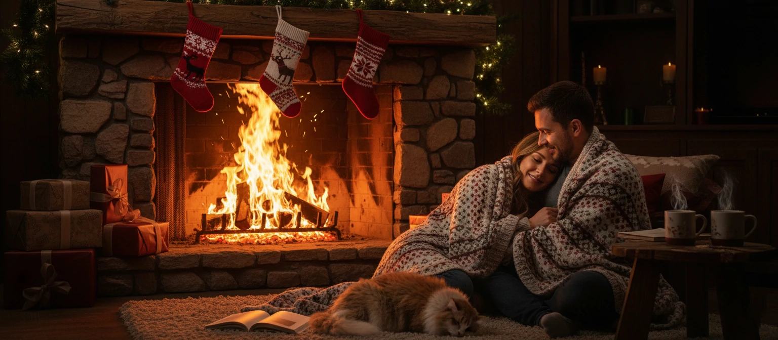 A couple sitting by a roaring fireplace, wrapped in blankets