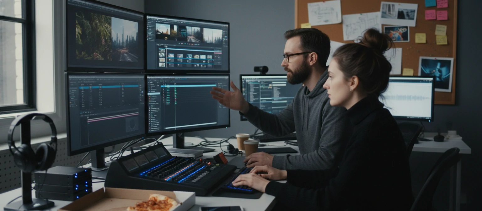 A creative video editor brainstorming ideas with multiple screens displaying video footage