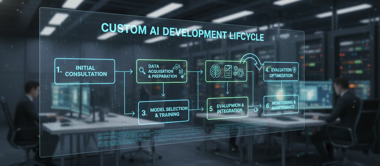 A detailed flowchart illustrating the steps of custom AI development