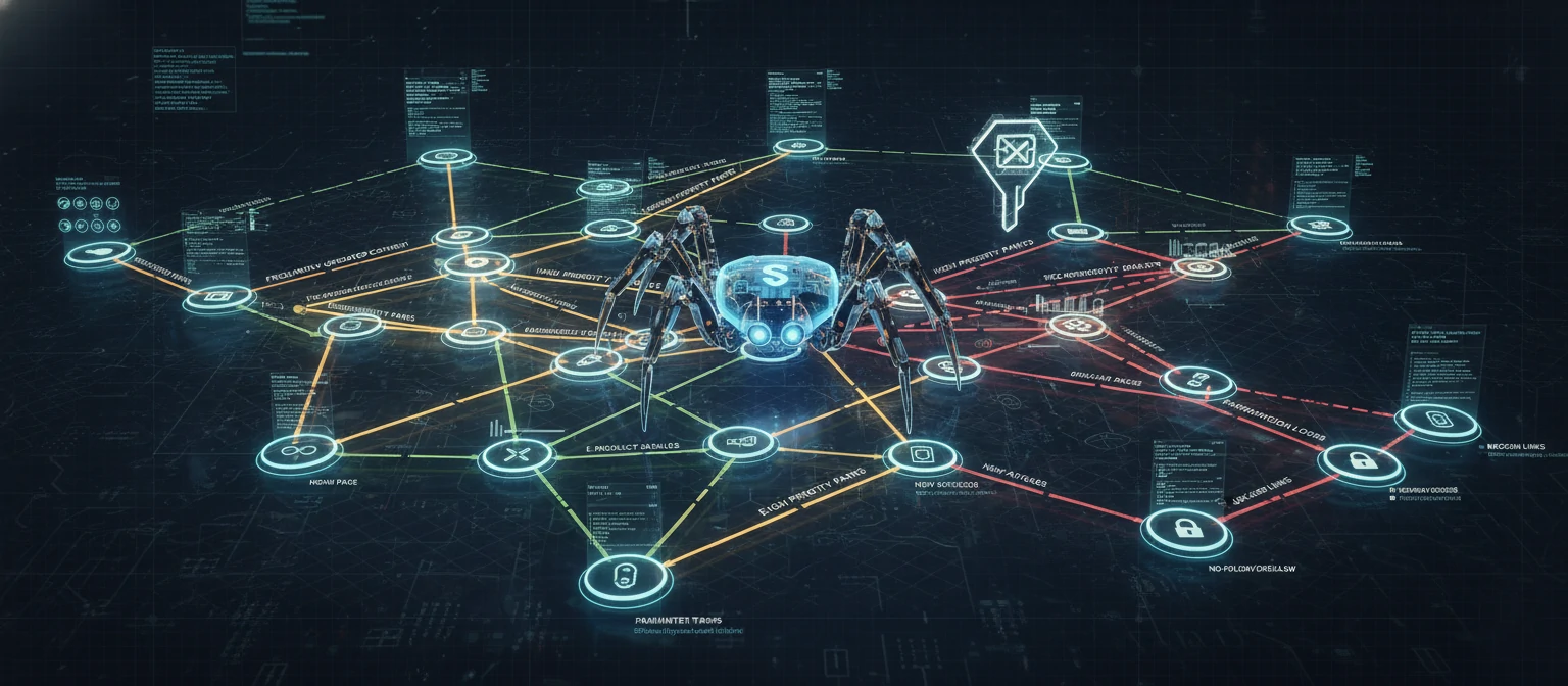 A diagram of a spider-bot moving through a link graph